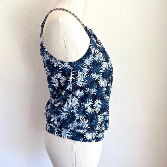 Michael Kors Palm Mix High-Neck Blouson Tankini Top Navy Small - Picture 9 of 16